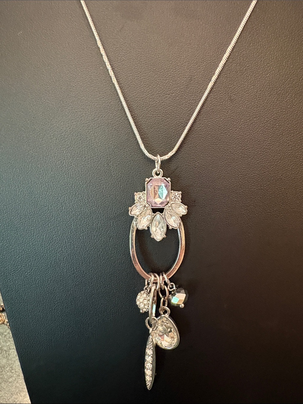 New York NY silvertone faceted glass pendant w/ charms on snake chain